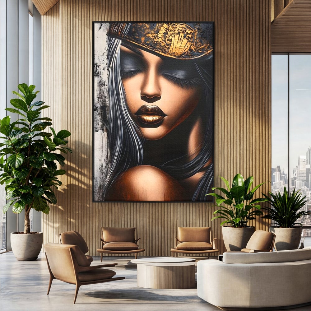 Tablou canvas cu tablou canvas cu femeie si coroana aurie, in rama de aluminiu negru, pe perete intr-un birou